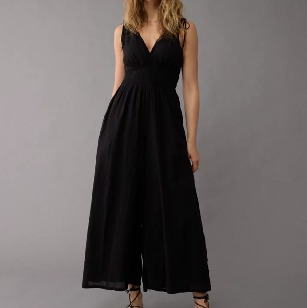 American Eagle V-Necm Smocked Elegant Black Jumpsuit Medium